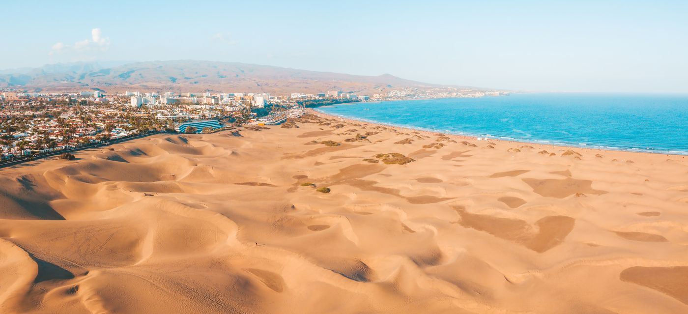 Aerial view of the Maspalomas dunes and beach, Gran Canaria