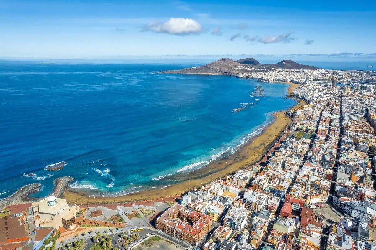 Aerial panorama of Las Palmas de Gran Canaria and Las Canteras beach