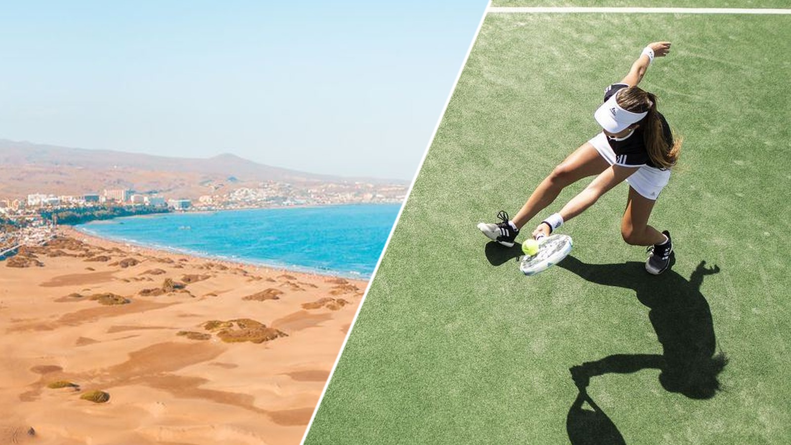 Padel meets beach — Maspalomas dunes and a padel player, split diagonally